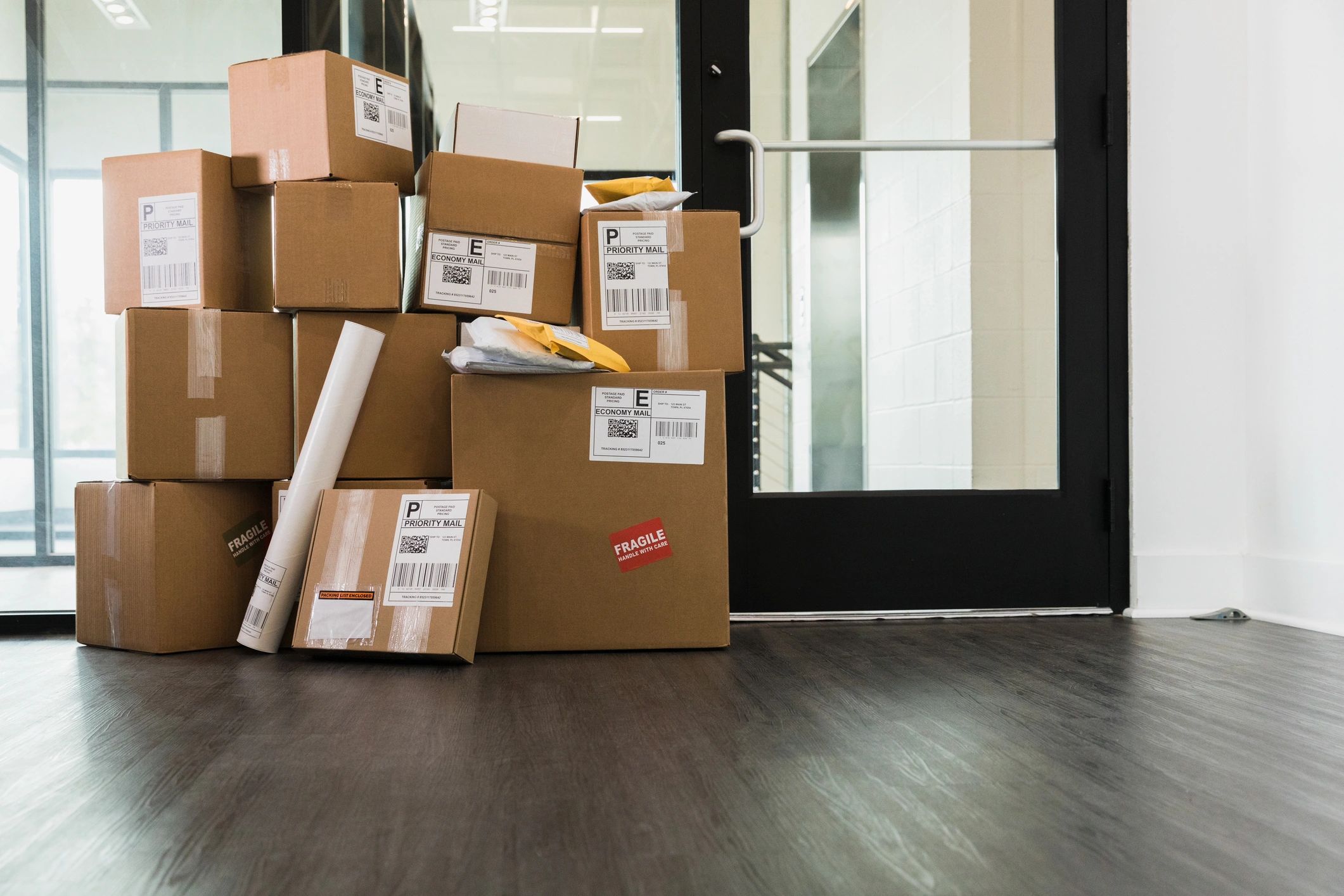 Stack of shipping packages and envelopes at a doorway